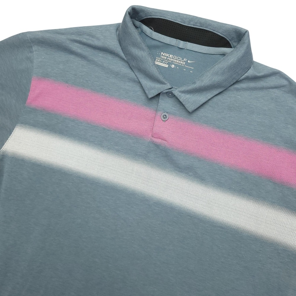 Nike Golf Dri-FIT Polo Shirt Mens XL Blue Pink Stripe Golf Performance Top